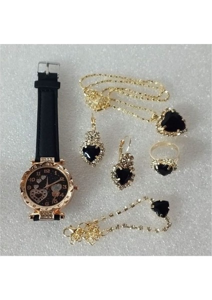 ( 6 x Parça ) Tıme Black Heart Saat + Kalp Kupe +Kolye + Bileklik + Yüzük Takı Seti Siyah Kalp modelleri