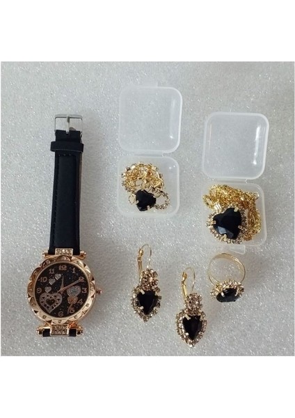 ( 6 x Parça ) Tıme Black Heart Saat + Kalp Kupe +Kolye + Bileklik + Yüzük Takı Seti Siyah Kalp fırsatları