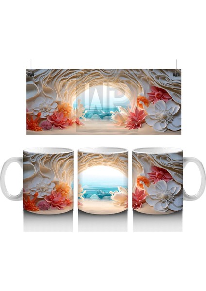 Çiçeklerle Çevrili Masalsı Deniz Manzarası – Baskılı Kahve Kupası