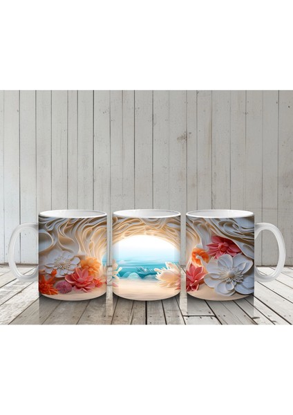 Çiçeklerle Çevrili Masalsı Deniz Manzarası – Baskılı Kahve Kupası