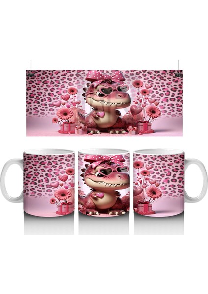 Leopar Desenli Zeminde Kurdeleli Dinozor ve Hediyeler - Baskılı Kahve Kupası