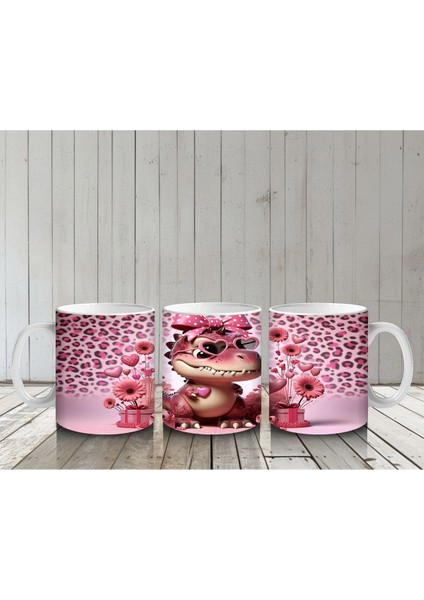 Leopar Desenli Zeminde Kurdeleli Dinozor ve Hediyeler - Baskılı Kahve Kupası