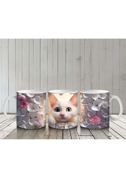 Gri Yapraklar Arasında Meraklı Kedi – Baskılı Kahve Kupası