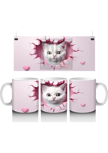 Pembe Kalplerle Süslenmiş Sevimli Kedi – Baskılı Kahve Kupası