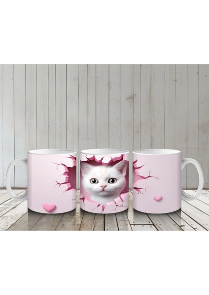 Pembe Kalplerle Süslenmiş Sevimli Kedi – Baskılı Kahve Kupası