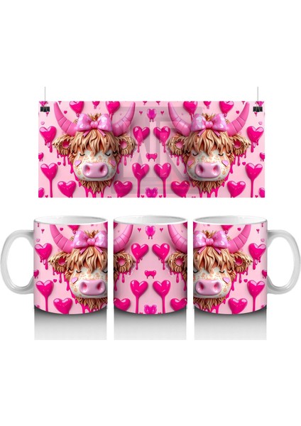 Pembe Kalpli Arka Planda Aşık Boğa Çifti – Baskılı Kahve Kupası