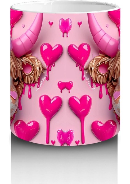 Pembe Kalpli Arka Planda Aşık Boğa Çifti – Baskılı Kahve Kupası modelleri