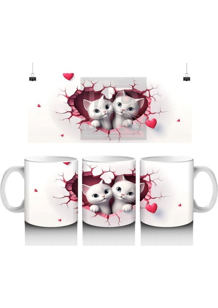 Pembe Kalplerle Süslenmiş Iki Beyaz Kedi - Baskılı Kahve Kupası