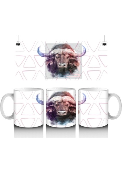 Üçgen Desenli Arka Planda Suluboya Tarzı Manda Illüstrasyonu - Baskılı Kahve Kupası