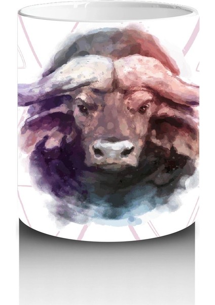 Üçgen Desenli Arka Planda Suluboya Tarzı Manda Illüstrasyonu - Baskılı Kahve Kupası modelleri