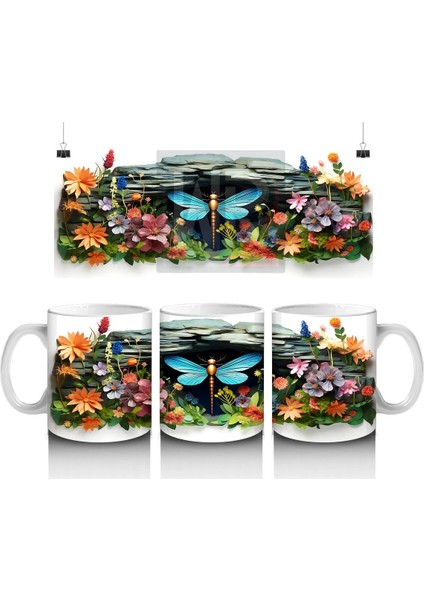 Çiçekli Bahçede Uçan Mavi Kelebek – Baskılı Kahve Kupası