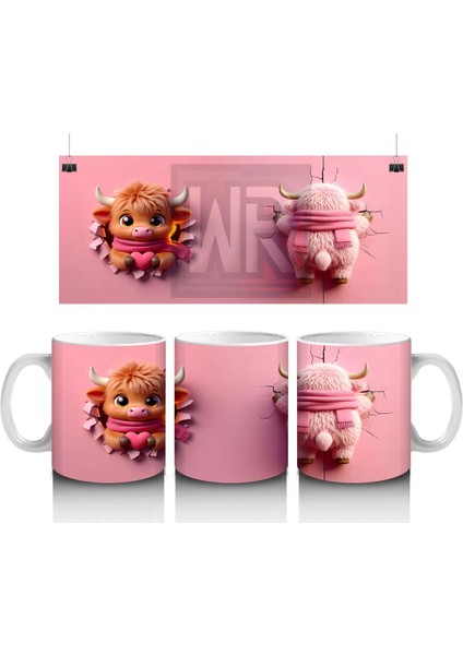 Pembe Arka Planda Sevimli Maskot ve Peluş Karakter – Baskılı Kahve Kupası