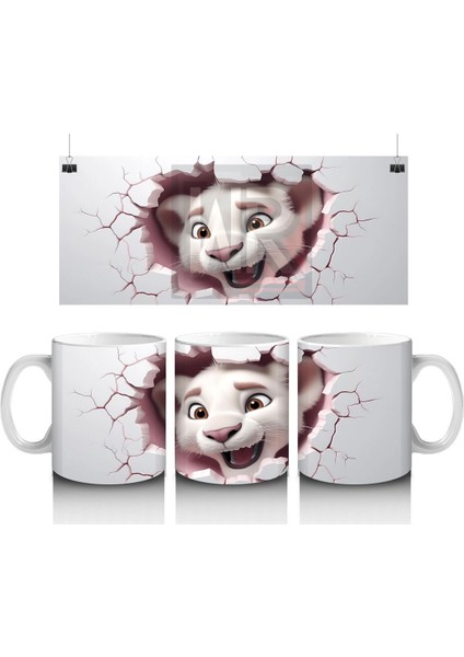 Pembe Çatlak Zeminden Bakan Gülümseyen Aslan Yavrusu - Baskılı Kahve Kupası