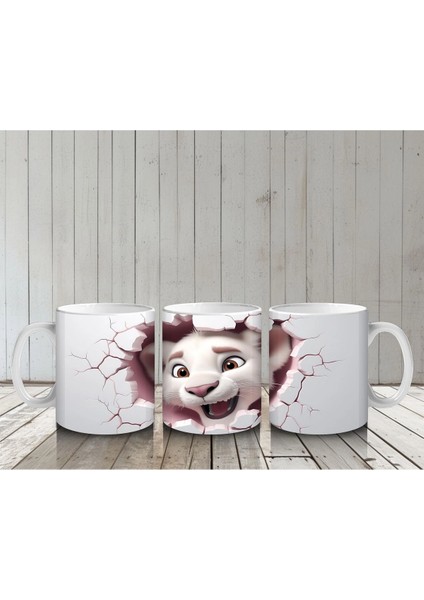 Pembe Çatlak Zeminden Bakan Gülümseyen Aslan Yavrusu - Baskılı Kahve Kupası
