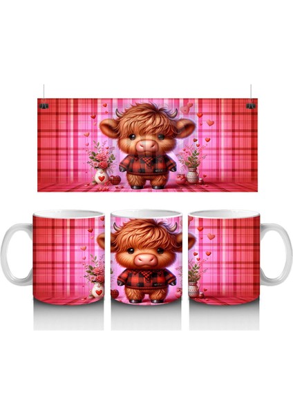 Kareli Arka Planda Çiçek Tutan Sevimli Buzağı – Baskılı Kahve Kupası