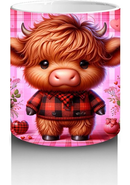 Kareli Arka Planda Çiçek Tutan Sevimli Buzağı – Baskılı Kahve Kupası modelleri