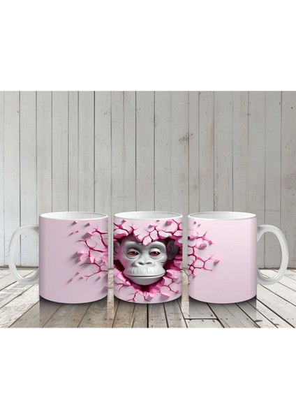 Pembe Kalpler Arasında Bakan Gri Maymun – Baskılı Kahve Kupası