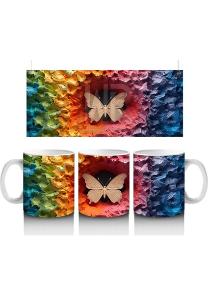 Renkli Rölyef Dokuda Soluk Turuncu Kelebek – Baskılı Kahve Kupası