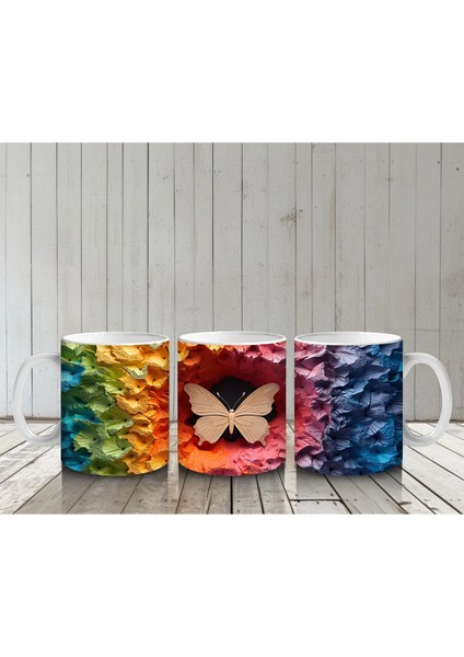Renkli Rölyef Dokuda Soluk Turuncu Kelebek – Baskılı Kahve Kupası