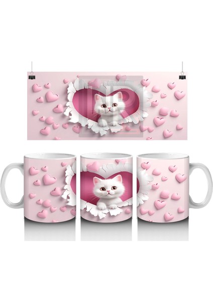 Kalp Desenli Fon Üzerinde Tatlı Beyaz Kedi – Baskılı Kahve Kupası