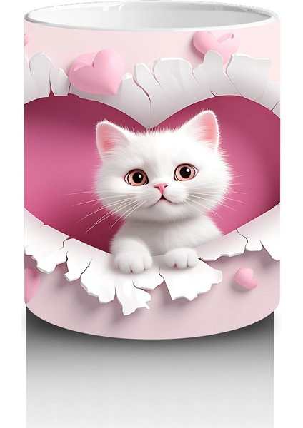 Kalp Desenli Fon Üzerinde Tatlı Beyaz Kedi – Baskılı Kahve Kupası modelleri