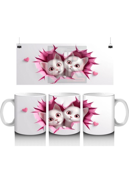 Pembe Kalplerle Süslenmiş Tatlı Kedi Çifti – Baskılı Kahve Kupası