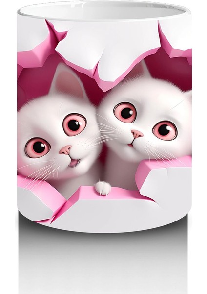 Pembe Kalplerle Süslenmiş Tatlı Kedi Çifti – Baskılı Kahve Kupası modelleri