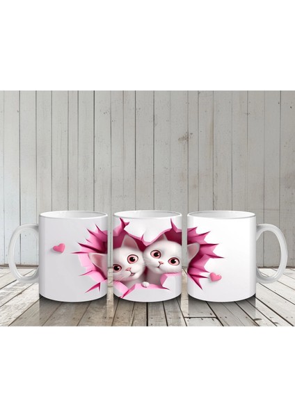 Pembe Kalplerle Süslenmiş Tatlı Kedi Çifti – Baskılı Kahve Kupası