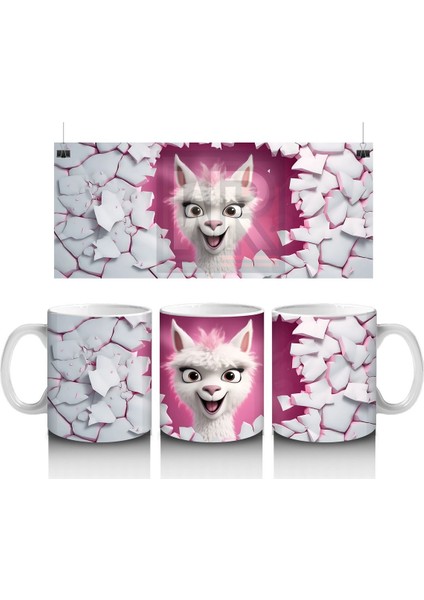 Kırık Seramik Duvar Arasından Bakan Neşeli Lama - Baskılı Kahve Kupası