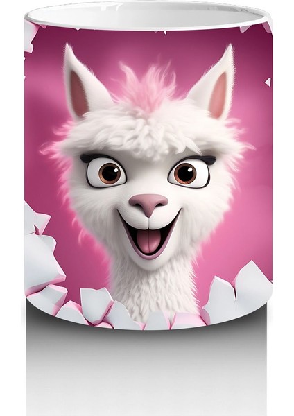 Kırık Seramik Duvar Arasından Bakan Neşeli Lama - Baskılı Kahve Kupası modelleri