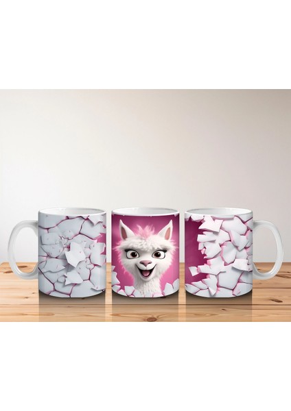 Kırık Seramik Duvar Arasından Bakan Neşeli Lama - Baskılı Kahve Kupası indirimleri