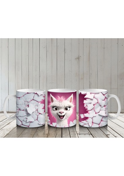 Kırık Seramik Duvar Arasından Bakan Neşeli Lama - Baskılı Kahve Kupası