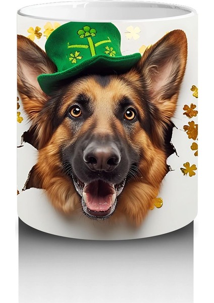 Şans Sembolleriyle Çevrili Leprechaun Alman Kurdu - Baskılı Kahve Kupası modelleri