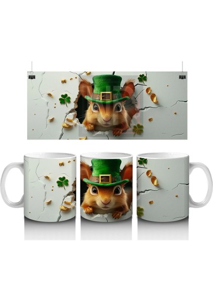 St. Patrick Temalı Sincap Maskotu – Baskılı Kahve Kupası