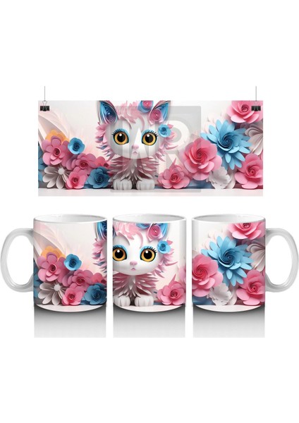 Pembe Güller Arasında Sevimli Kedi – Baskılı Kahve Kupası