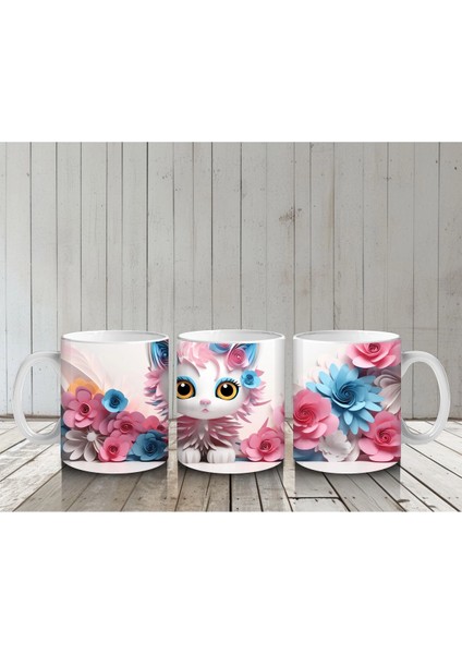Pembe Güller Arasında Sevimli Kedi – Baskılı Kahve Kupası