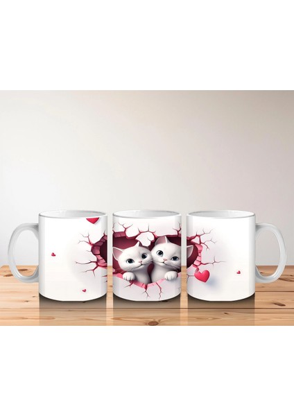 Pembe Kalplerle Süslenmiş Iki Beyaz Kedi - Baskılı Kahve Kupası indirimleri