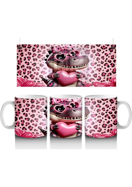 Leopar Desenli Kalpli Gözlük Takmış Dinozor Figürü - Baskılı Kahve Kupası
