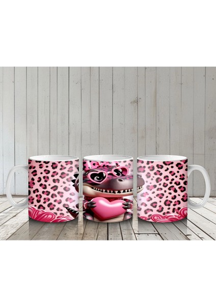 Leopar Desenli Kalpli Gözlük Takmış Dinozor Figürü - Baskılı Kahve Kupası
