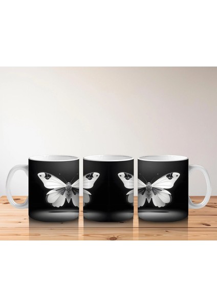 Siyah Zemin Üzerinde Zarif Siyah Beyaz Kelebekler – Baskılı Kahve Kupası indirimleri