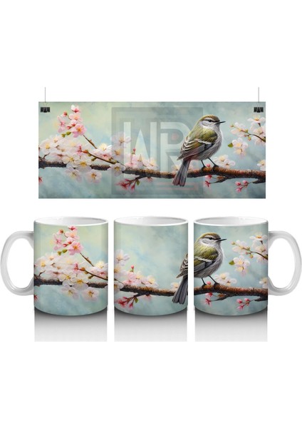Kiraz Çiçekleri Arasında Kuş – Baskılı Kahve Kupası