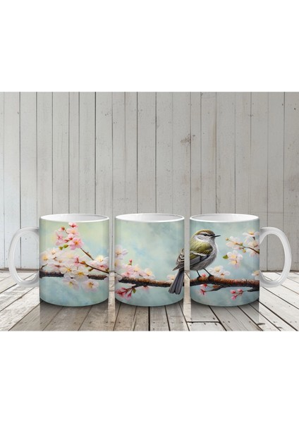 Kiraz Çiçekleri Arasında Kuş – Baskılı Kahve Kupası