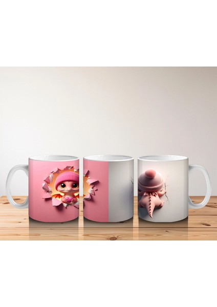 Pembe Arka Planda Şirin Çocuk Maskotu – Baskılı Kahve Kupası indirimleri