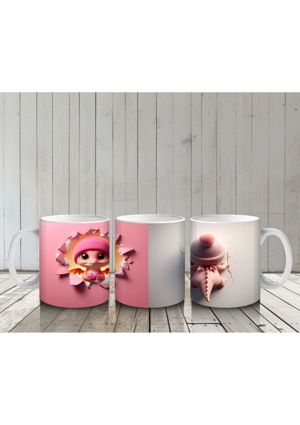Pembe Arka Planda Şirin Çocuk Maskotu – Baskılı Kahve Kupası