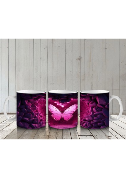 Kalp Şeklinde Işıkla Aydınlanan Pembe Kelebek – Baskılı Kahve Kupası