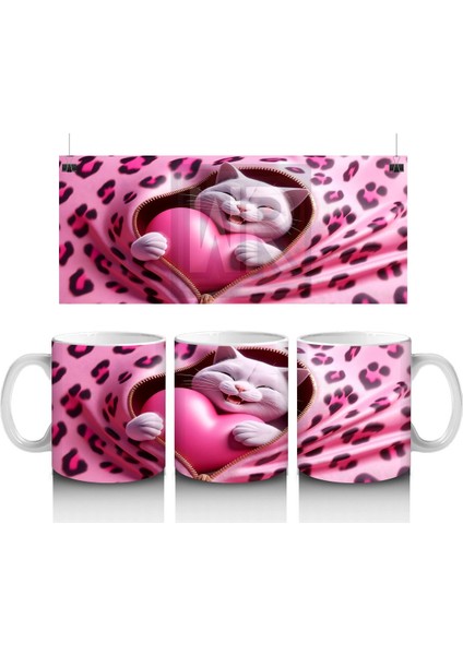 Kalpli Yastıkla Uyumlu Sevimli Kedi Illüstrasyonu – Baskılı Kahve Kupası