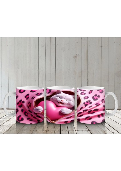 Kalpli Yastıkla Uyumlu Sevimli Kedi Illüstrasyonu – Baskılı Kahve Kupası