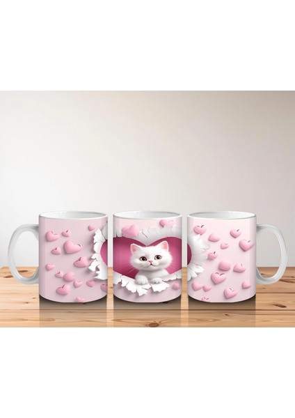 Kalp Desenli Fon Üzerinde Tatlı Beyaz Kedi – Baskılı Kahve Kupası indirimleri