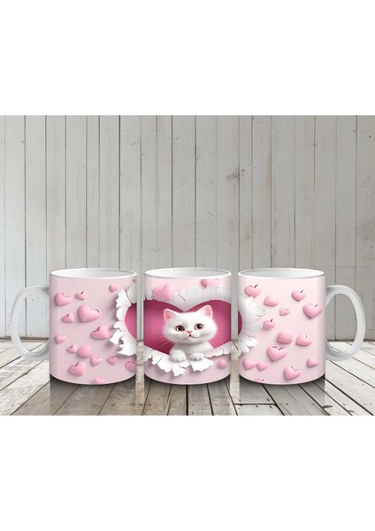 Kalp Desenli Fon Üzerinde Tatlı Beyaz Kedi – Baskılı Kahve Kupası