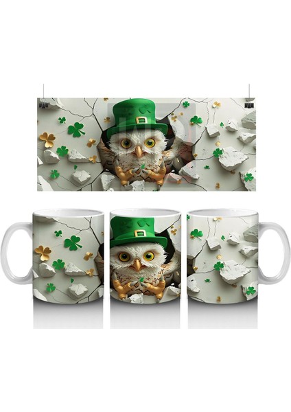 Dört Yapraklı Yoncalarla Şapkalı Baykuş – Baskılı Kahve Kupası